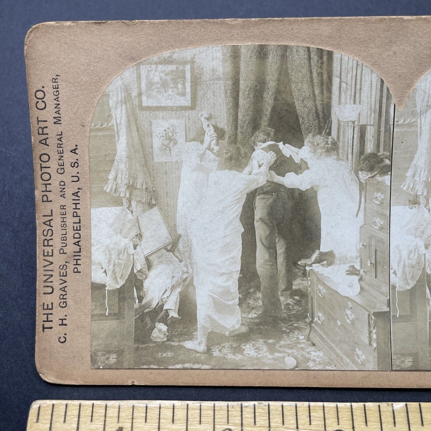 Antique 1890s Women In Underwear Chase Man Away Stereoview Photo Card P2570