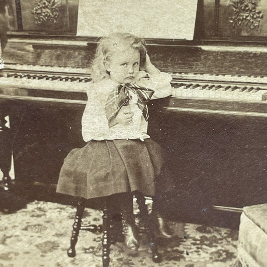 Antique 1897 Little Girl Practices Piano Stereoview Photo Card P1855