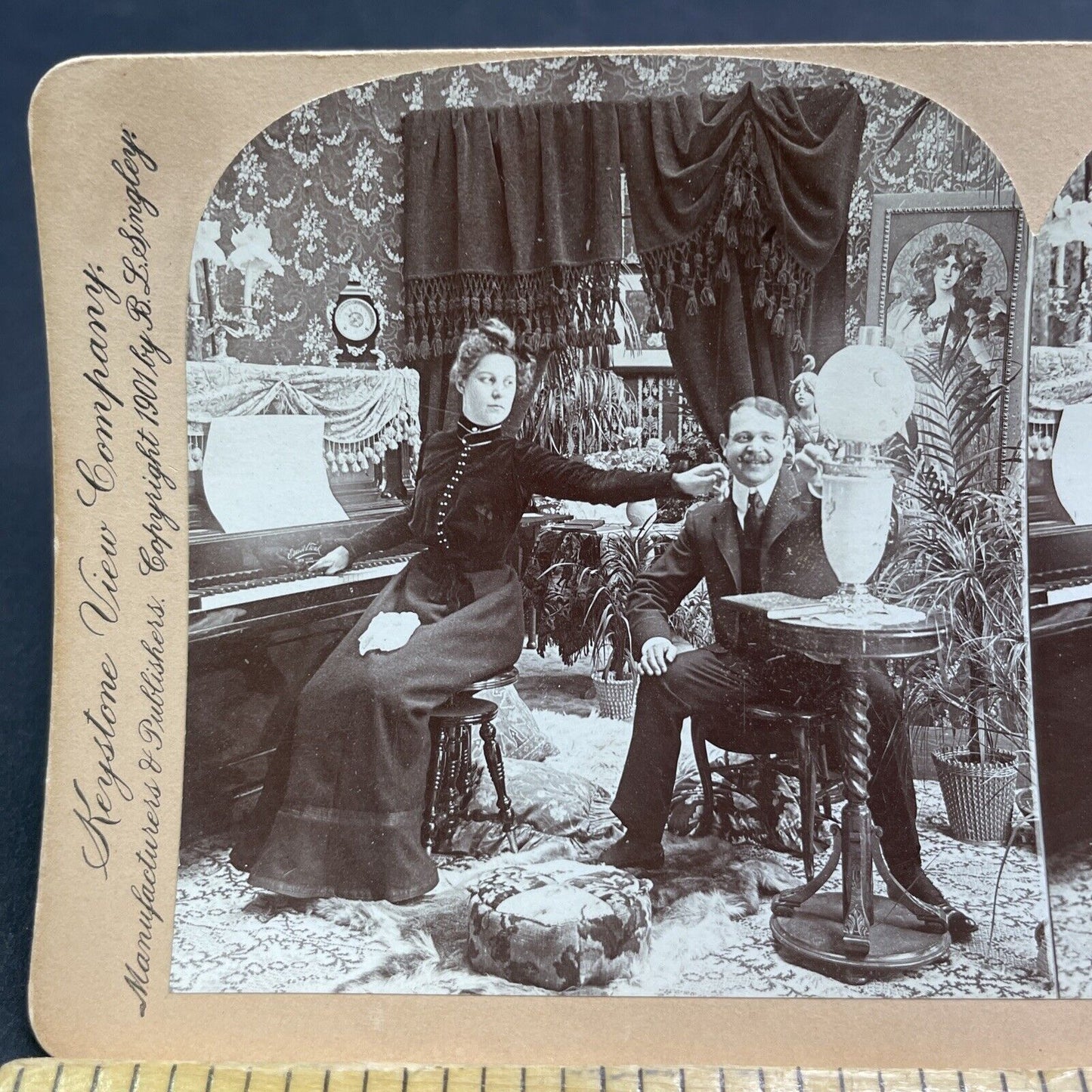 Antique 1901 Woman Despises Eccentric Table Vase Stereoview Photo Card P1919