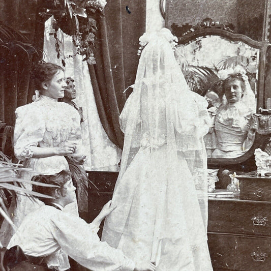 Antique 1897 Victorian Maid Servants Dress The Bride Stereoview Photo Card P2969