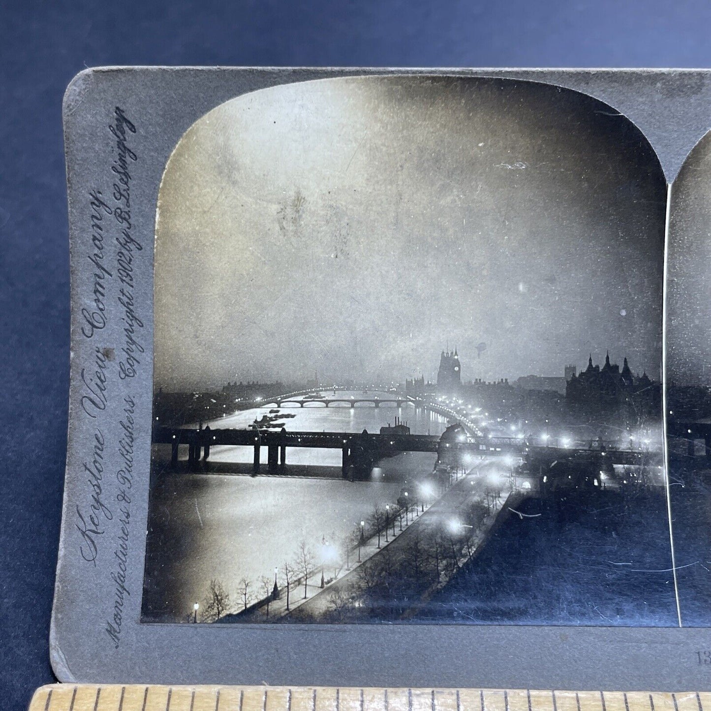 Antique 1902 London At Night Along Thames River Stereoview Photo Card P1978