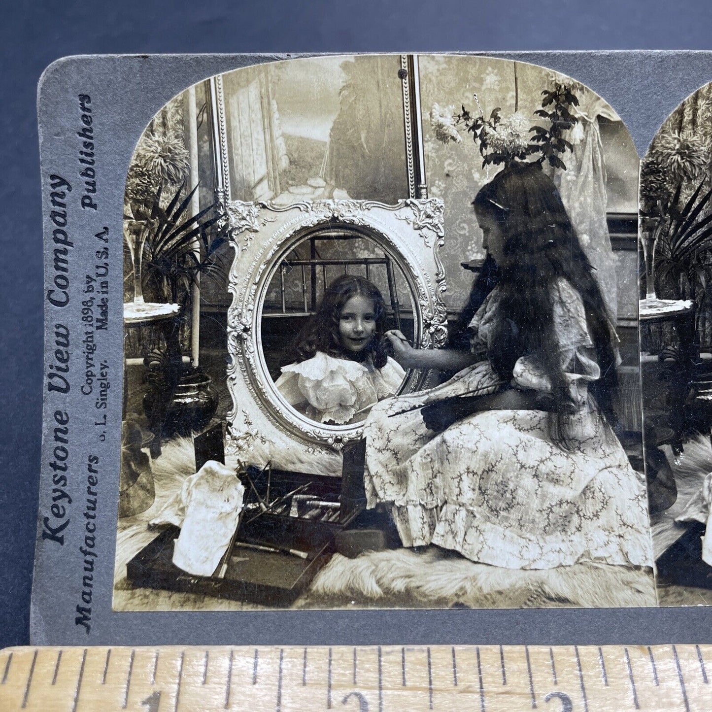 Antique 1898 Girl Painting Her Twin Photo-Trick Stereoview Photo Card P2041