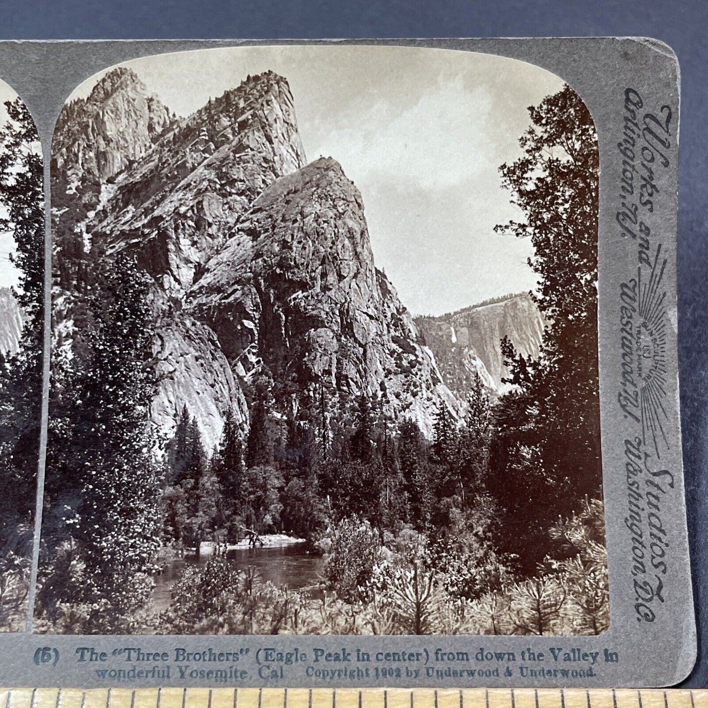 Antique 1902 Three Brothers Mountain Yosemite CA Stereoview Photo Card V2156