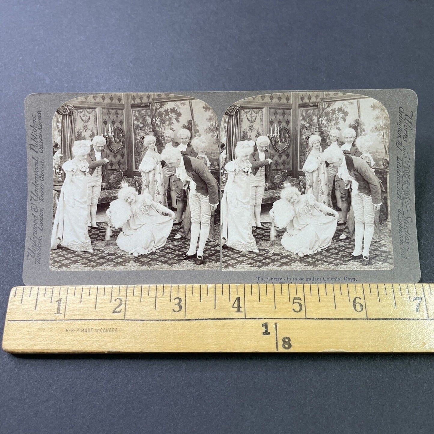 Antique 1900 Curtsy At Fancy Colonial Ball Stereoview Photo Card P2870