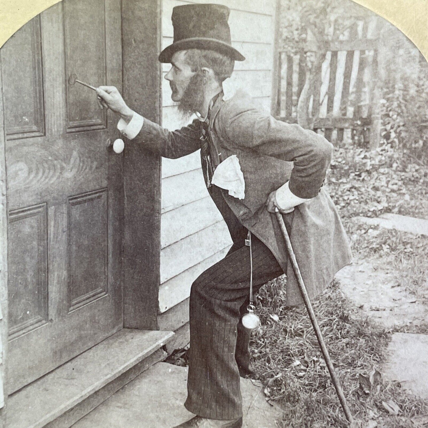 Drunk Man Can't Figure Out How To Open Door Stereoview Antique c1870s Y1345