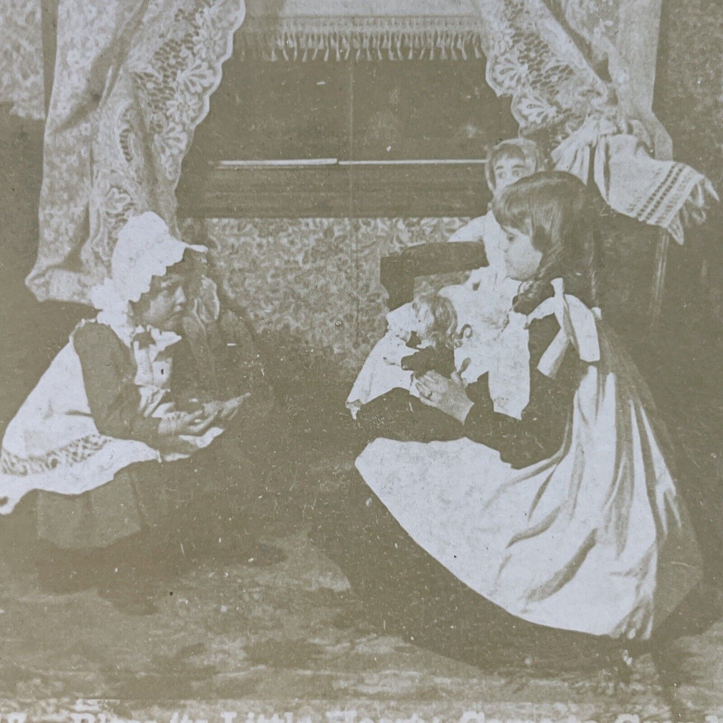 Antique 1880s Girls Playing With Their Dolls Stereoview Photo Card P3981