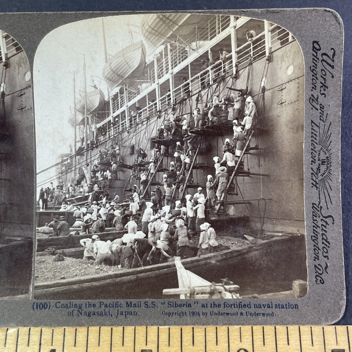 Loading a Coal Ship by Hand with Buckets Stereoview Nagasaki c1904 Y2796