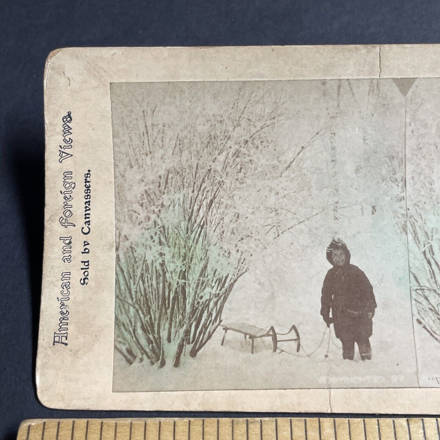 Antique 1880s Boy With Sled In Snowstorm Stereoview Photo Card P4648