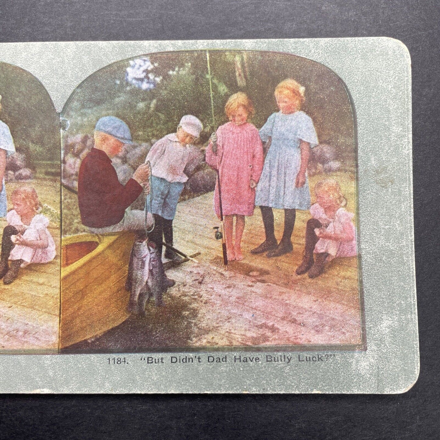 Antique 1898 Children Bass Fishing On River Bank Stereoview Photo Card P580-018