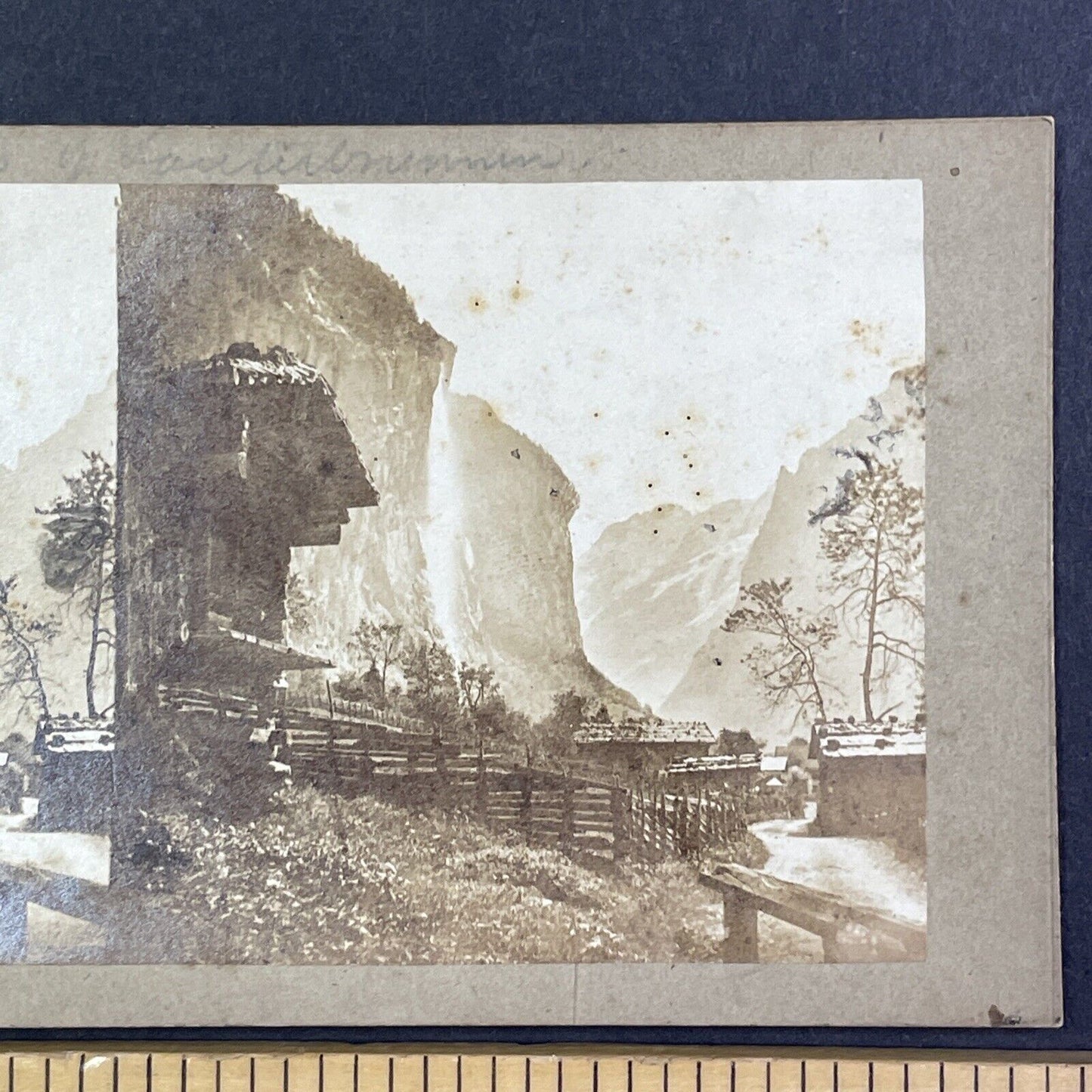 Village of Lauterbrunnen Switzerland Staubbach Falls Stereoview c1855 Y1120