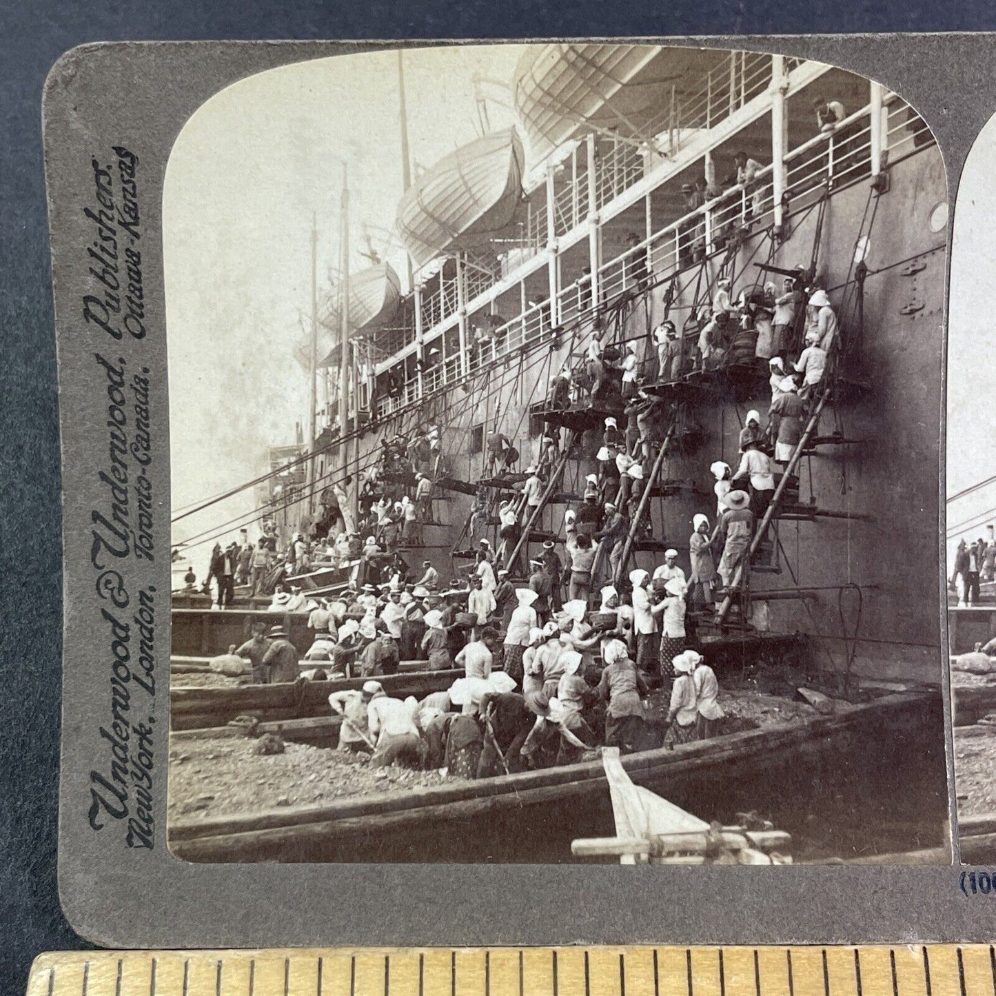 Loading a Coal Ship by Hand with Buckets Stereoview Nagasaki c1904 Y2796