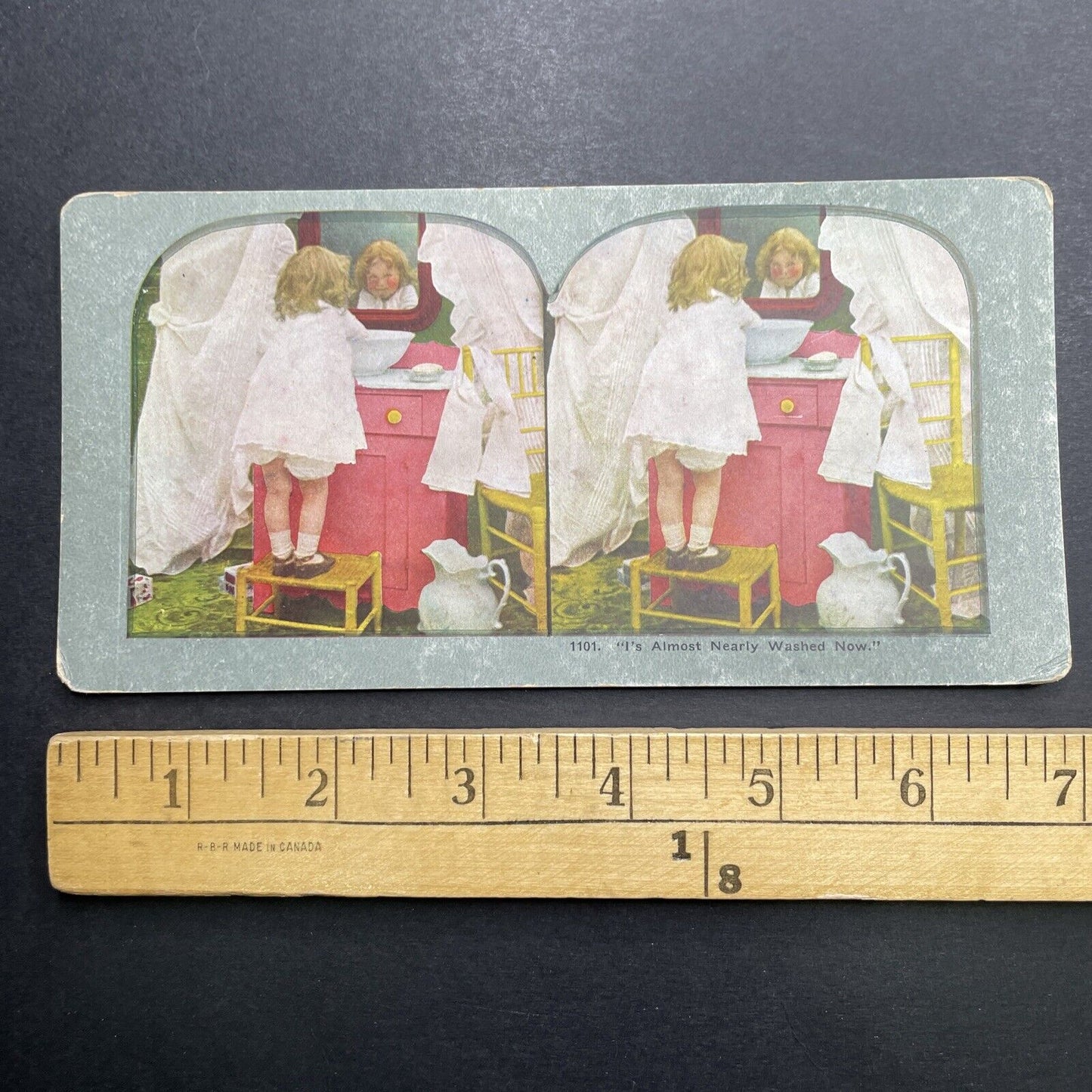 Antique 1892 A Child Washing Herself In The Mirror Stereoview Photo Card P1229