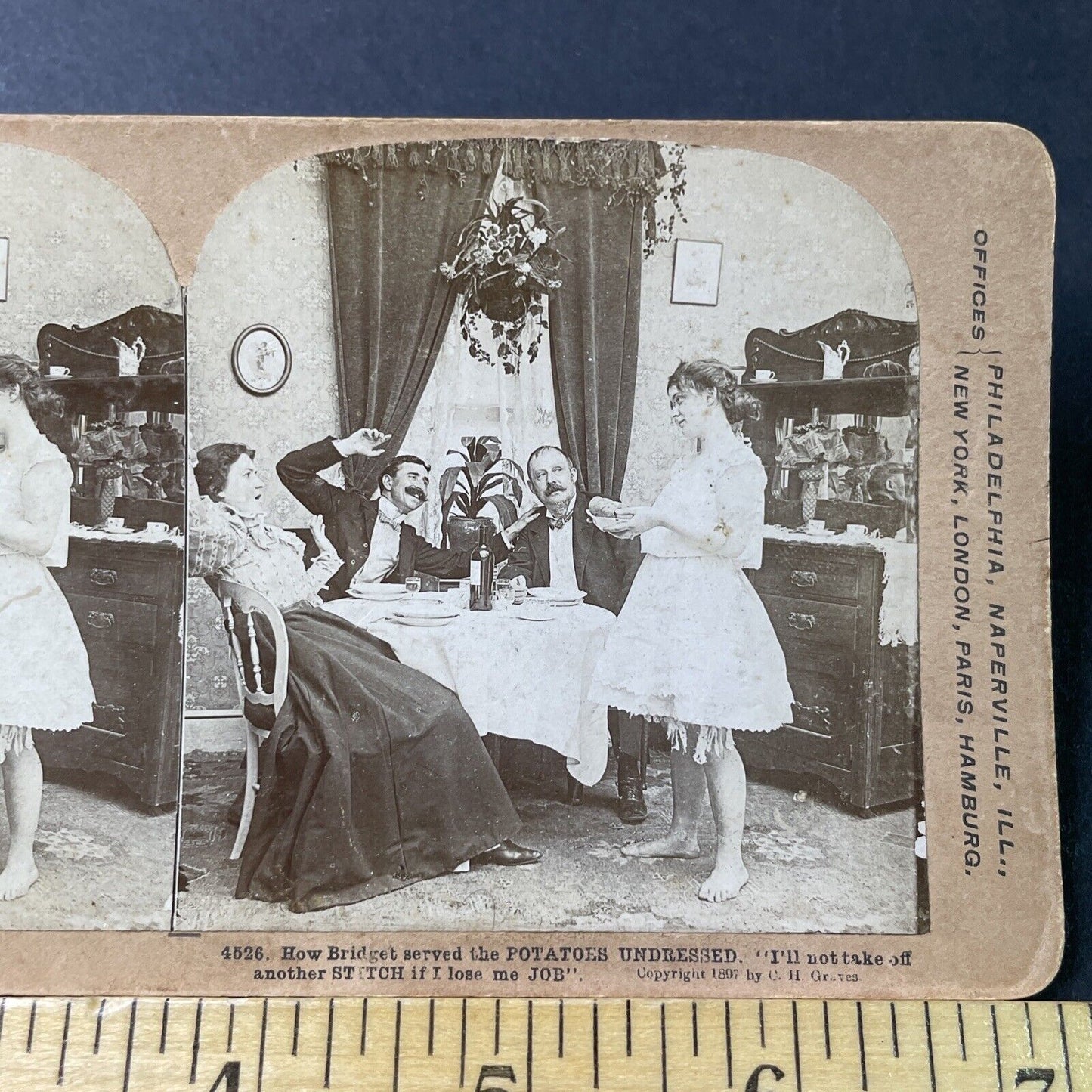 Antique 1897 Maid Servant Serves Dinner In Underwear Stereoview Photo Card P2974