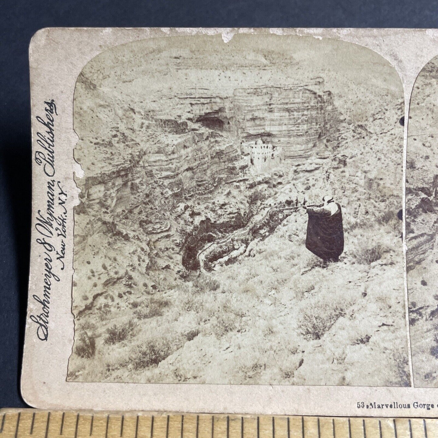 Antique 1896 Warrior Shoots At Lower Roadway Stereoview Photo Card P4511