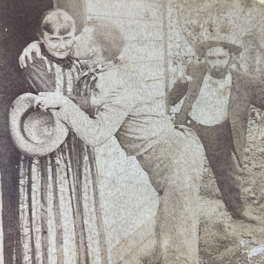 Antique 1892 Man Beats Friend For Kissing Wife Stereoview Photo Card P3338