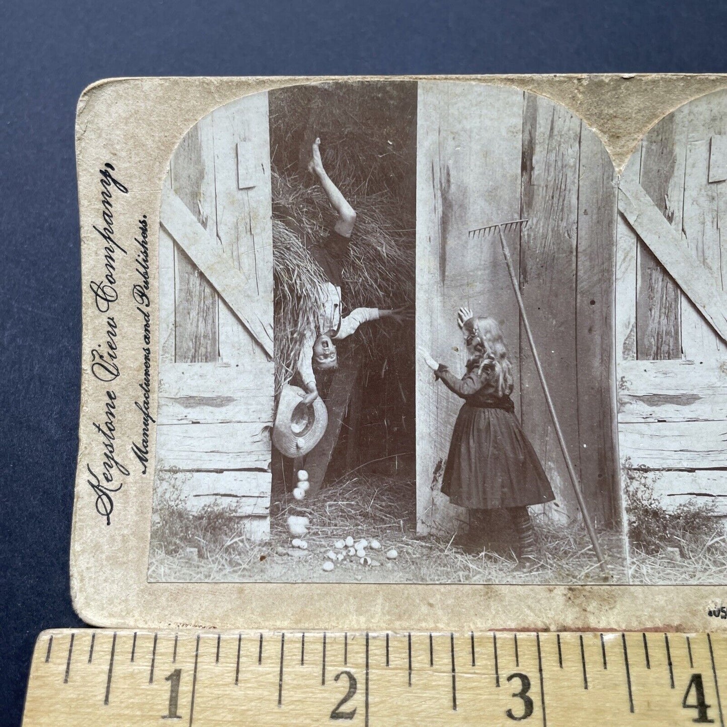 Antique 1900 Boy Falls From Hay Loft In Barn Stereoview Photo Card P2717