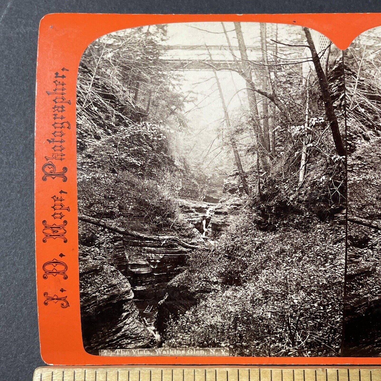 Antique 1860s Watkin's Glen Gorge Bridge New York Stereoview Photo Card V1797
