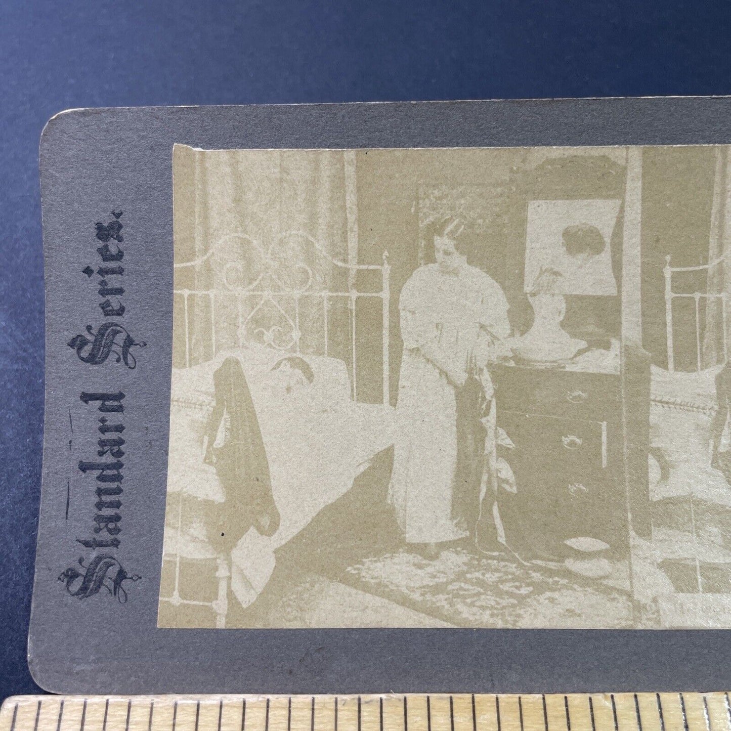 Antique 1880s Woman In Brothel Steel From Man FADED Stereoview Photo Card P2910