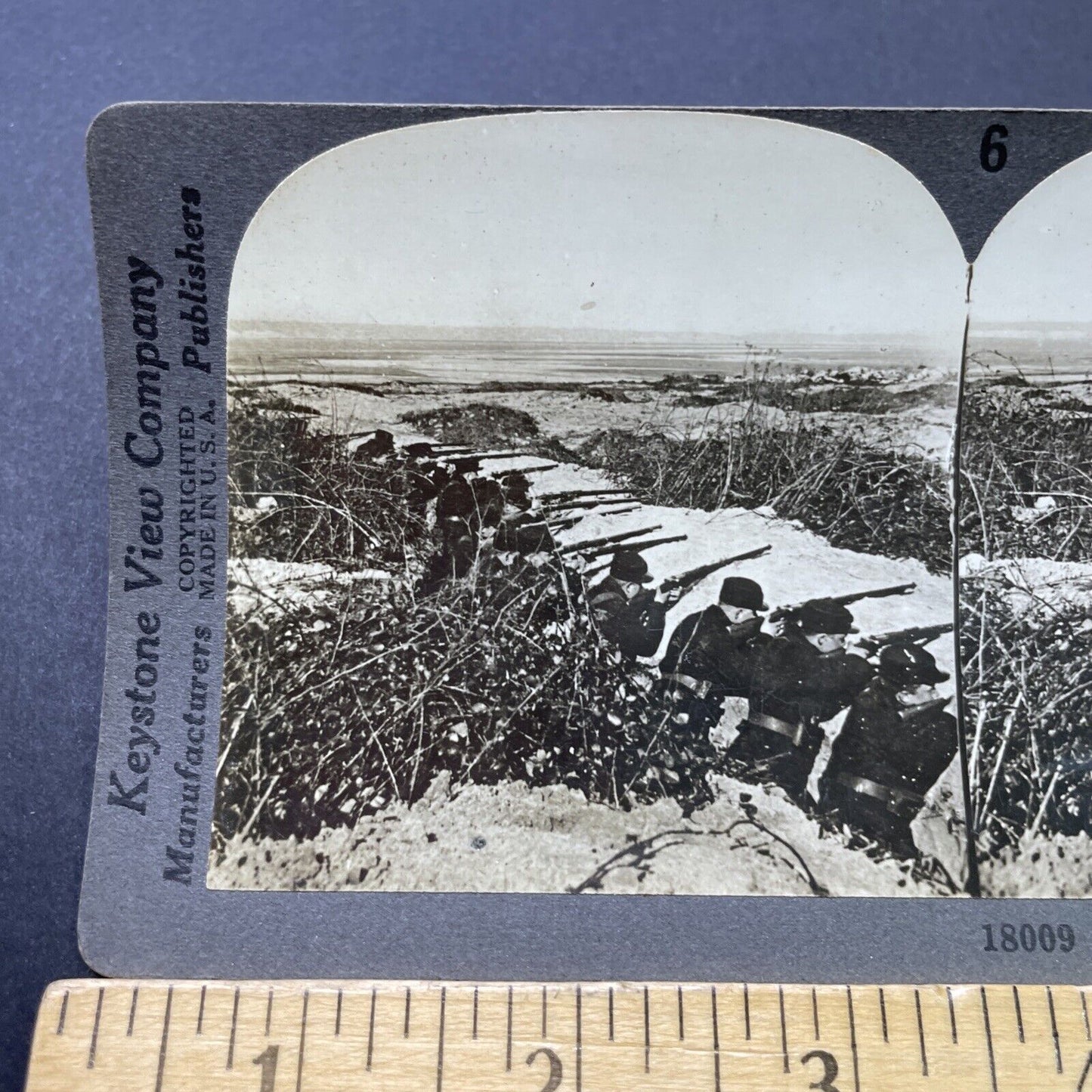 Antique 1918 Beglian Soldiers Defend A Trench WW1 Stereoview Photo Card P2783