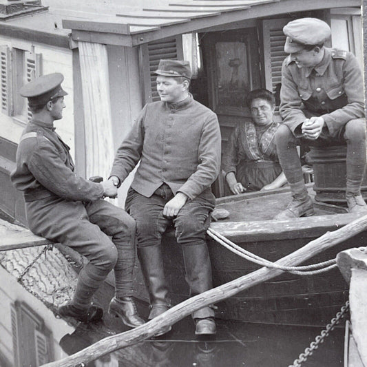 Antique 1915 Canadian Troops WW1 Belgium River Stereoview Photo Card P962