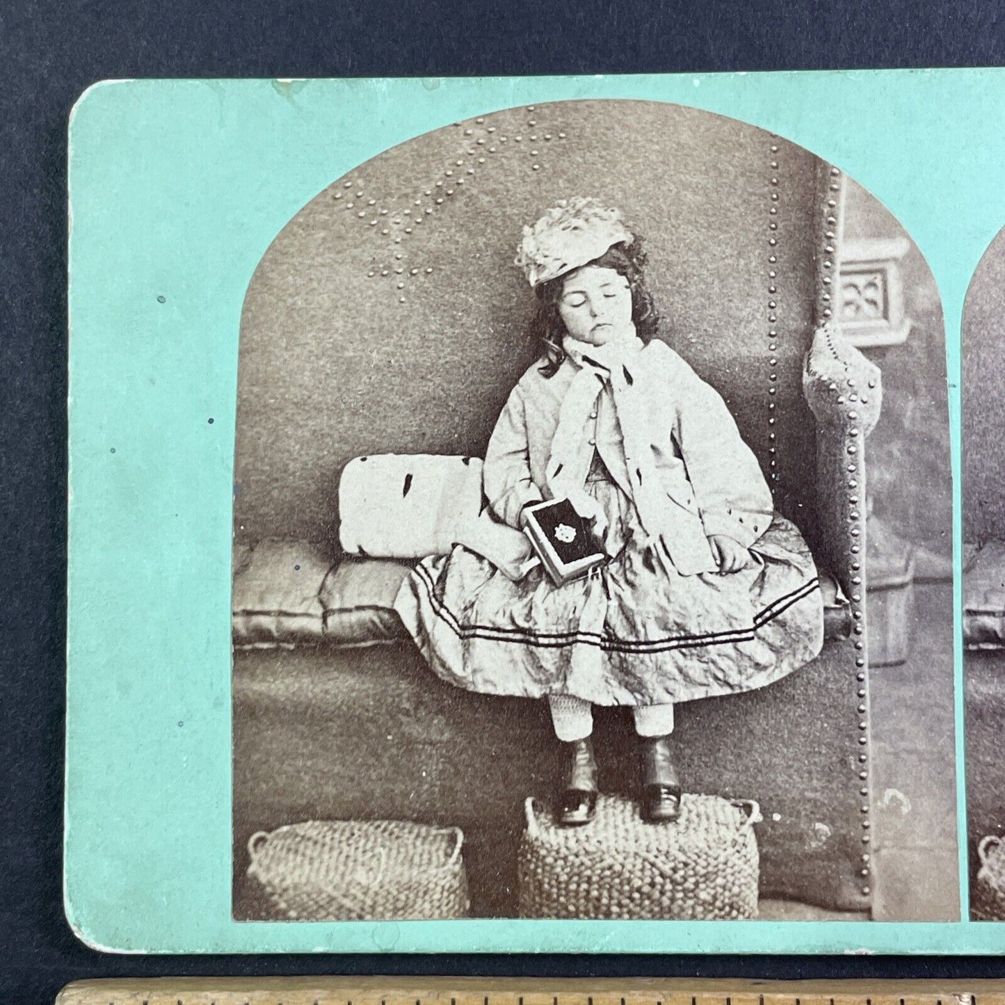 Child Falls Asleep Reading Her Bible In Church Stereoview Antique c1855 X3677