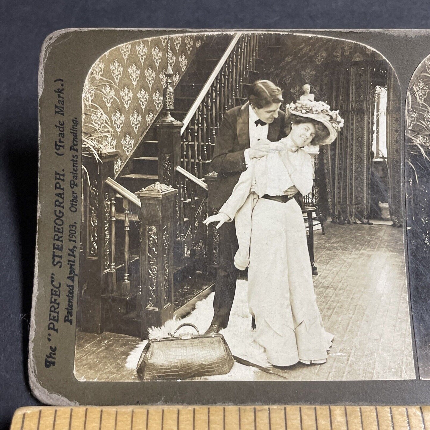 Antique 1903 Man Helps And Frisks Beautiful Woman Stereoview Photo Card P4675