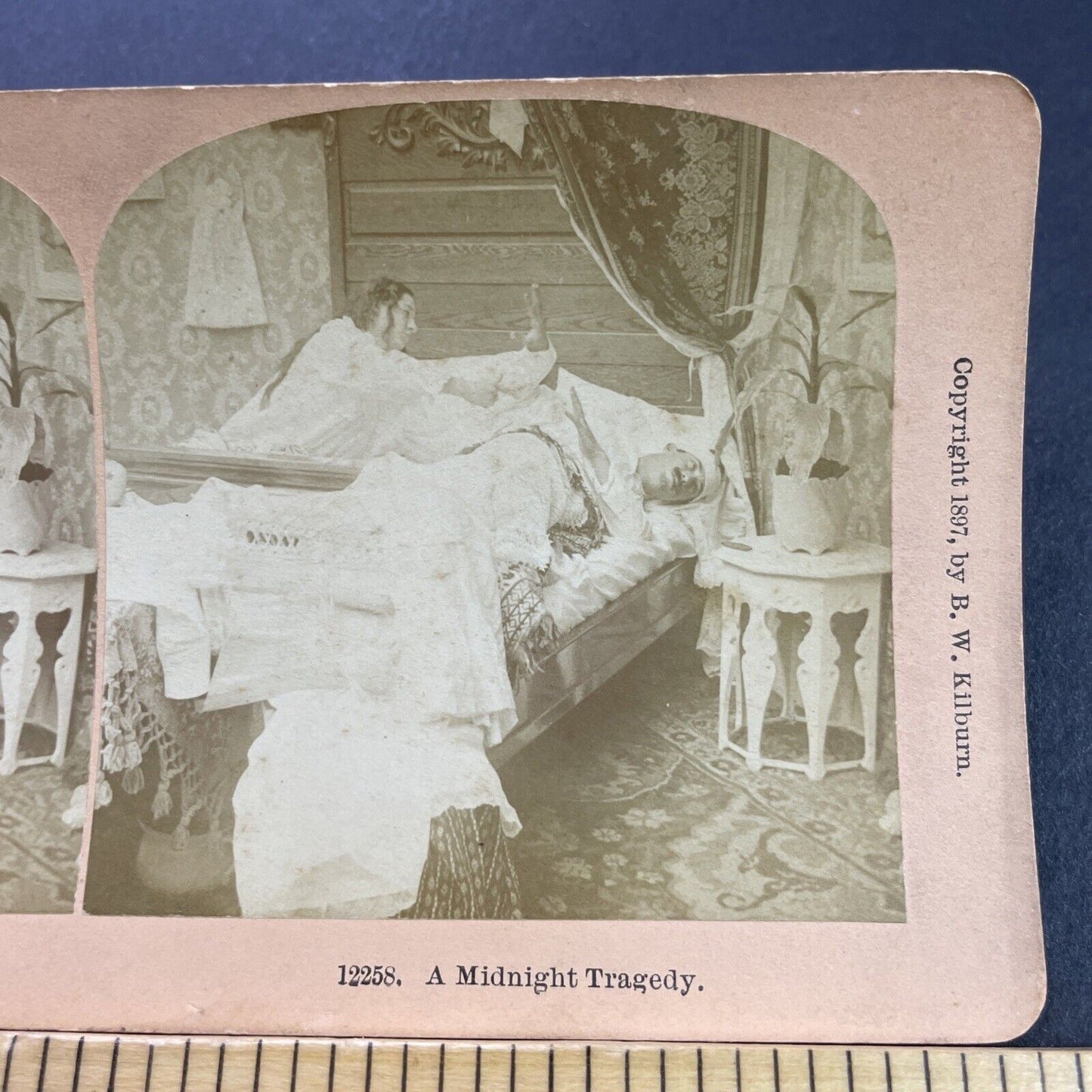 Antique 1897 Woman Yells At Drunk Man In Bed Stereoview Photo Card P4121