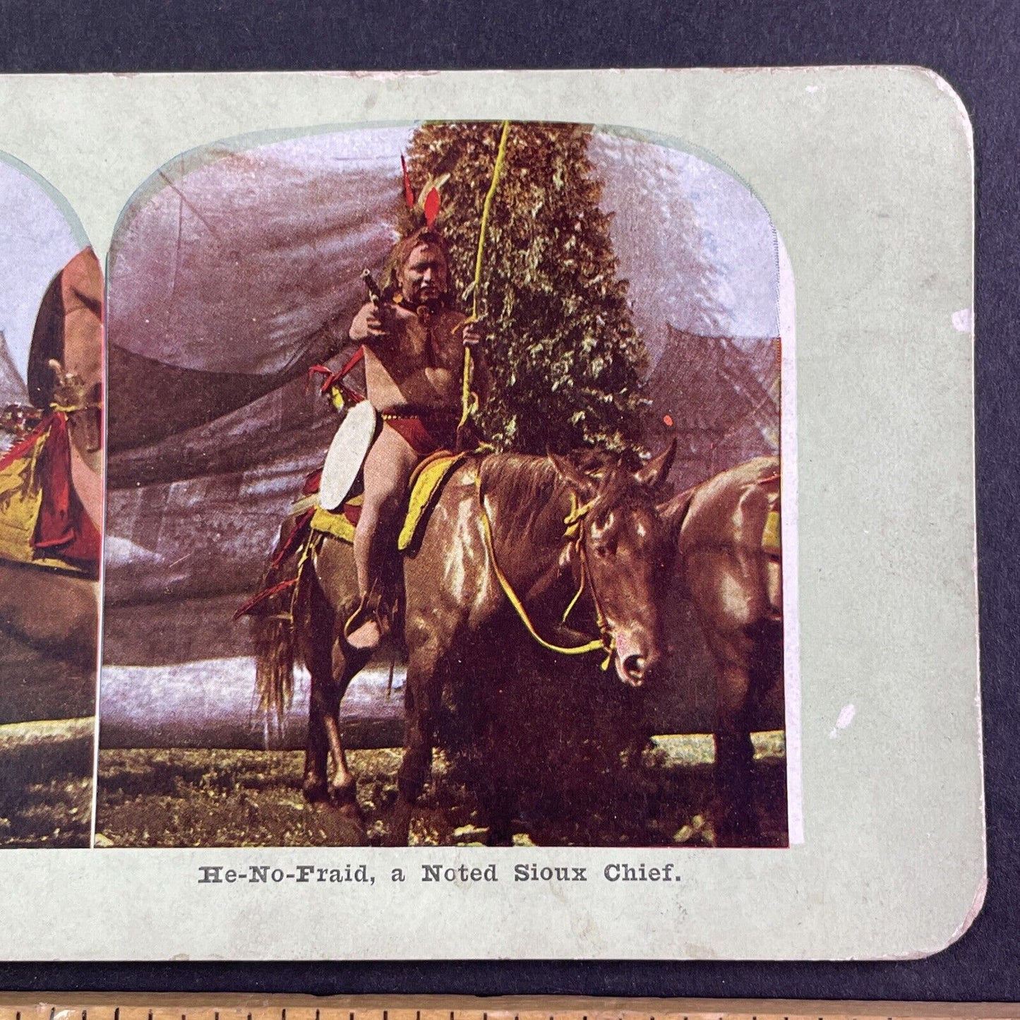 Chief He-No-Fraid Sioux Native American Warrior Stereoview Antique c1920s X4145