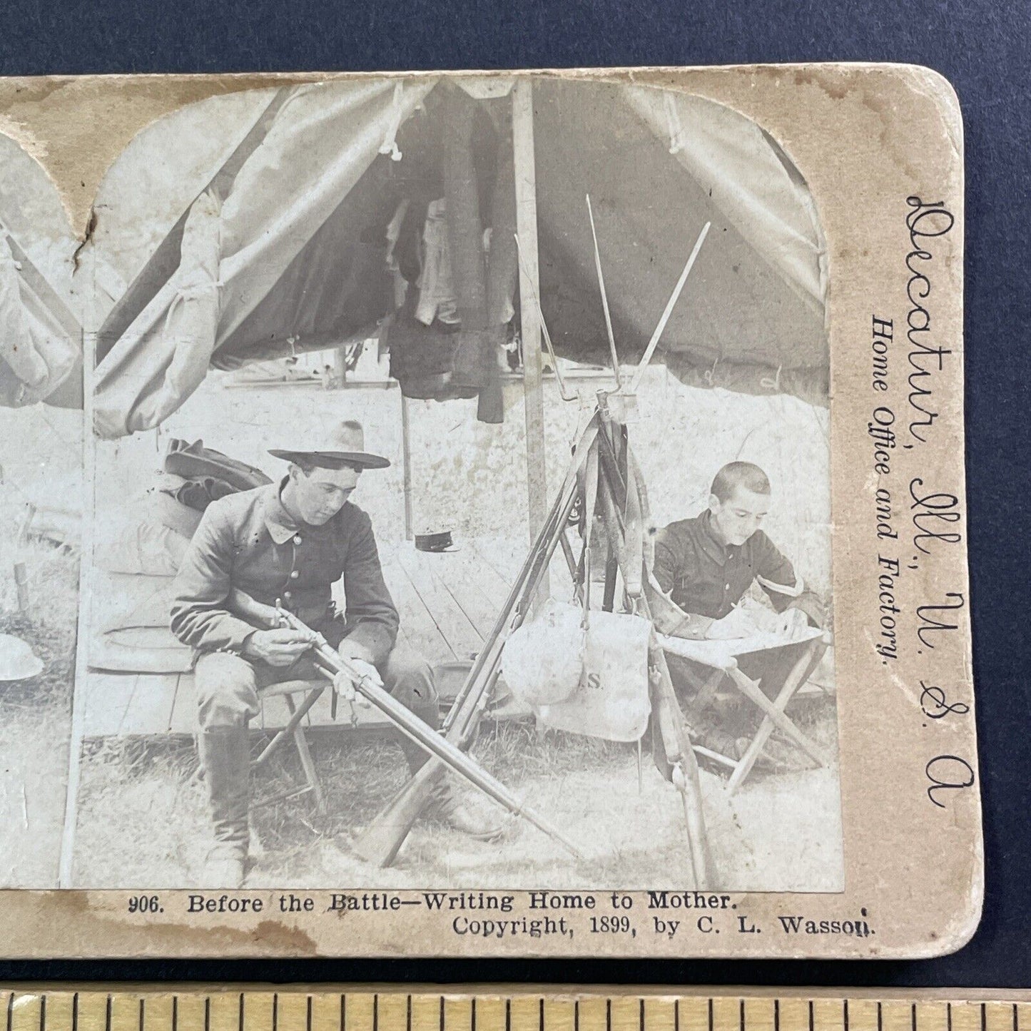 US Teen Soldiers Write Home Stereoview Spanish American War Antique c1899 X4241