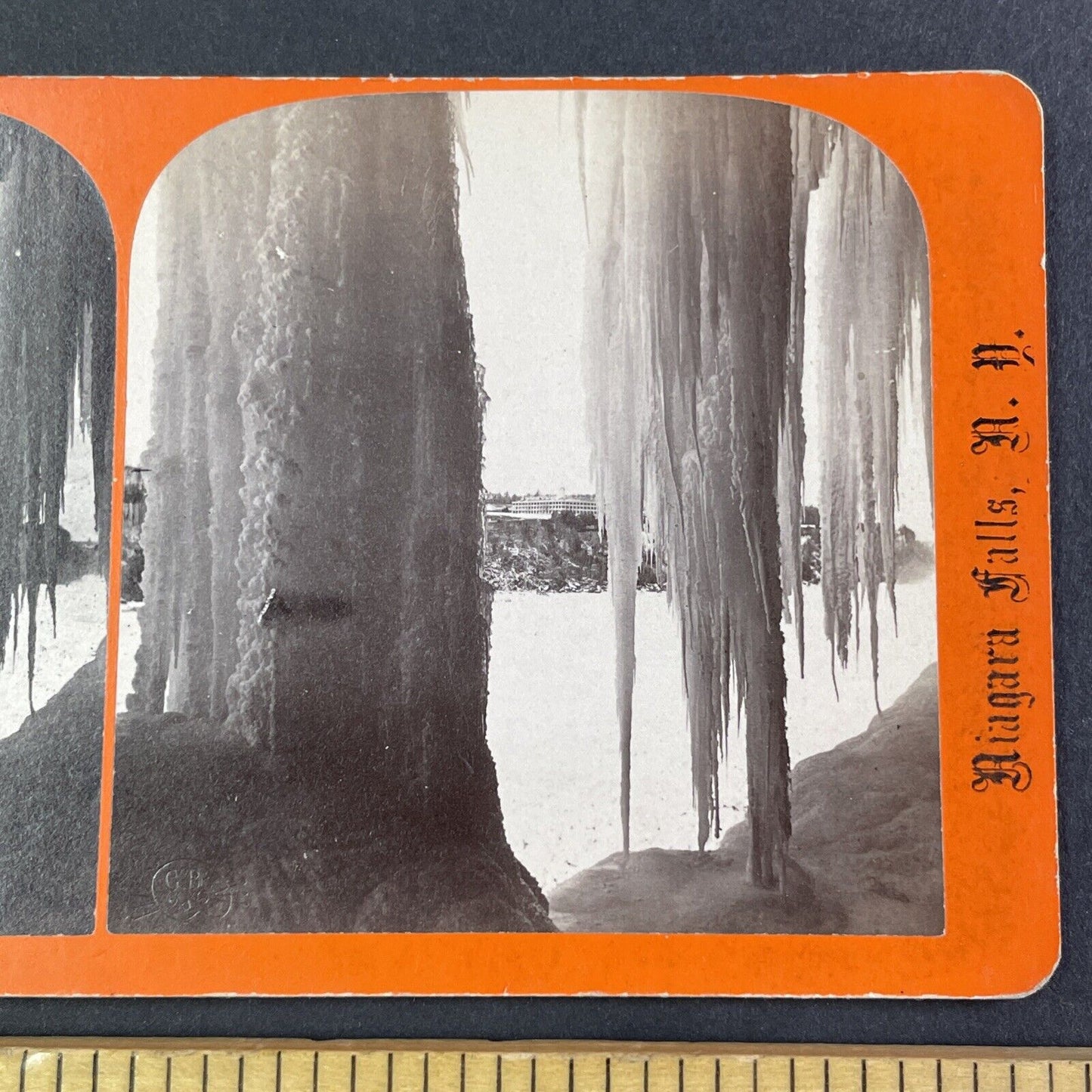 Beneath Frozen Niagara Falls New York Stereoview Charles Bierstadt c1870s Y2220