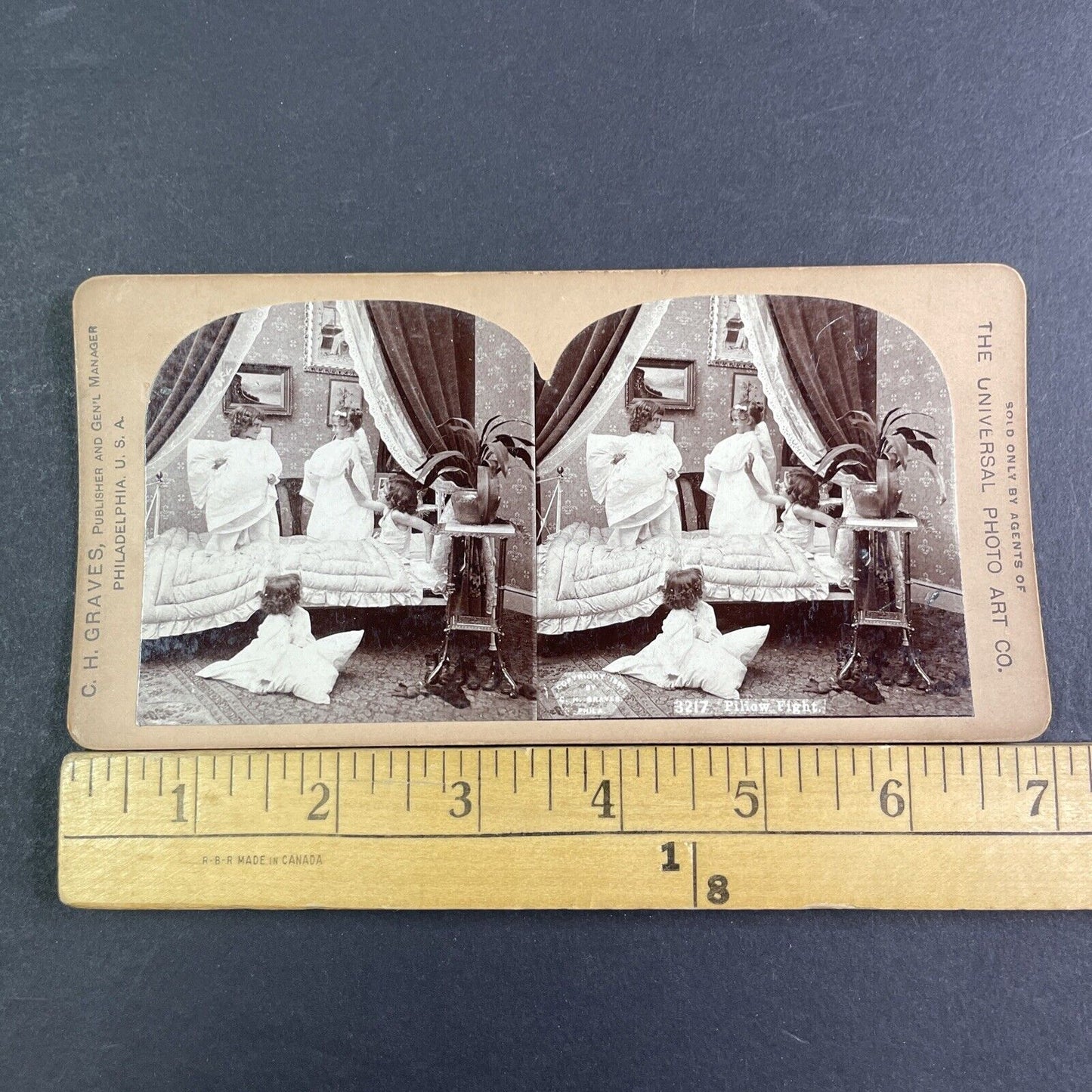 Children Having A Pillow Fight Before Bed Stereoview Antique c1898 X3169