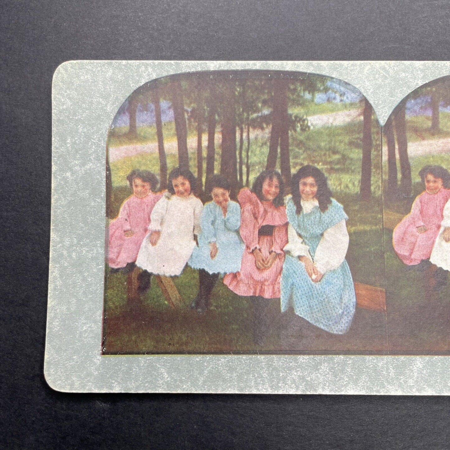 Antique 1898 Five Young Girls On A Bench Stereoview Photo Card P580-008