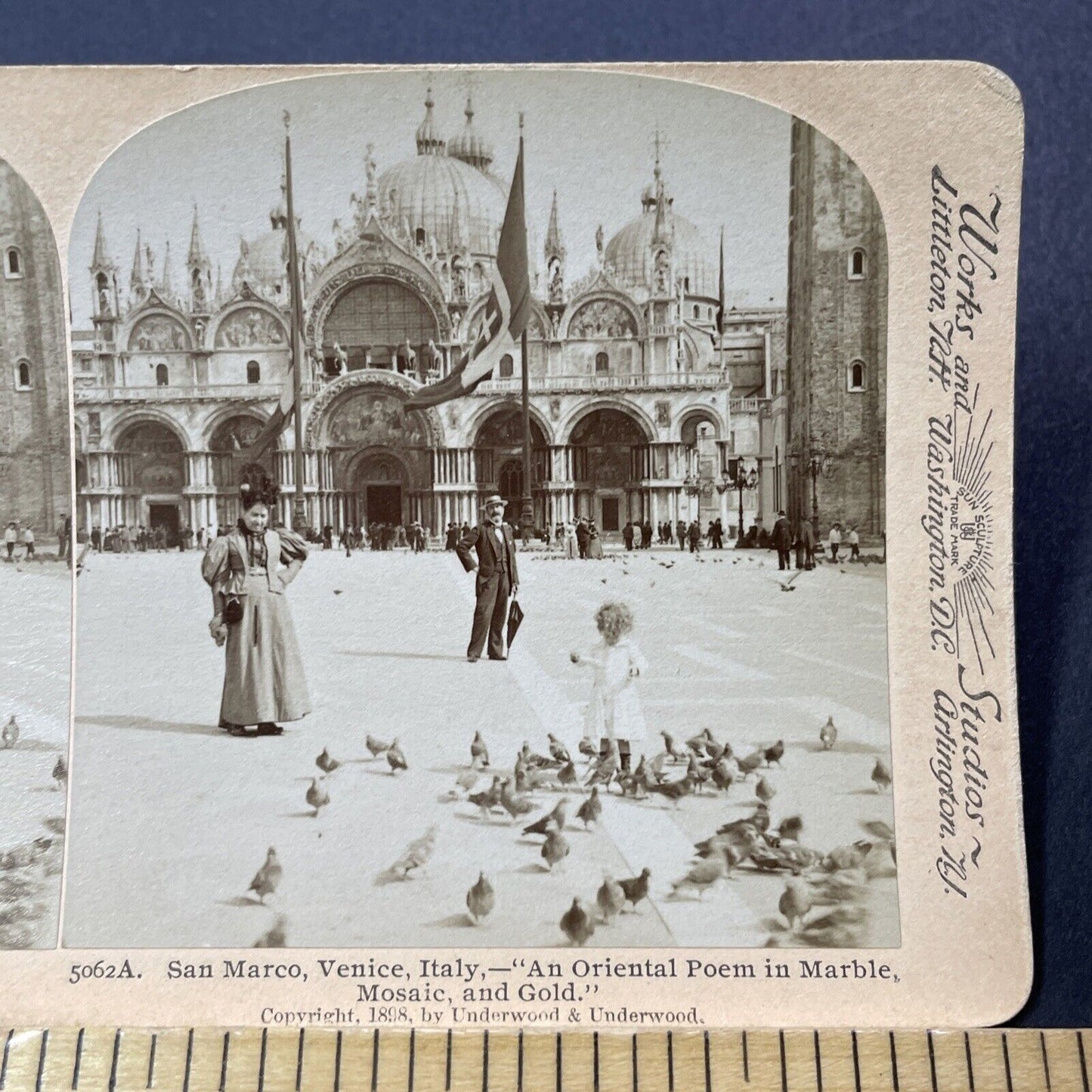 Antique 1898 Child Feeding Pigeons Venice Italy Stereoview Photo Card V3248