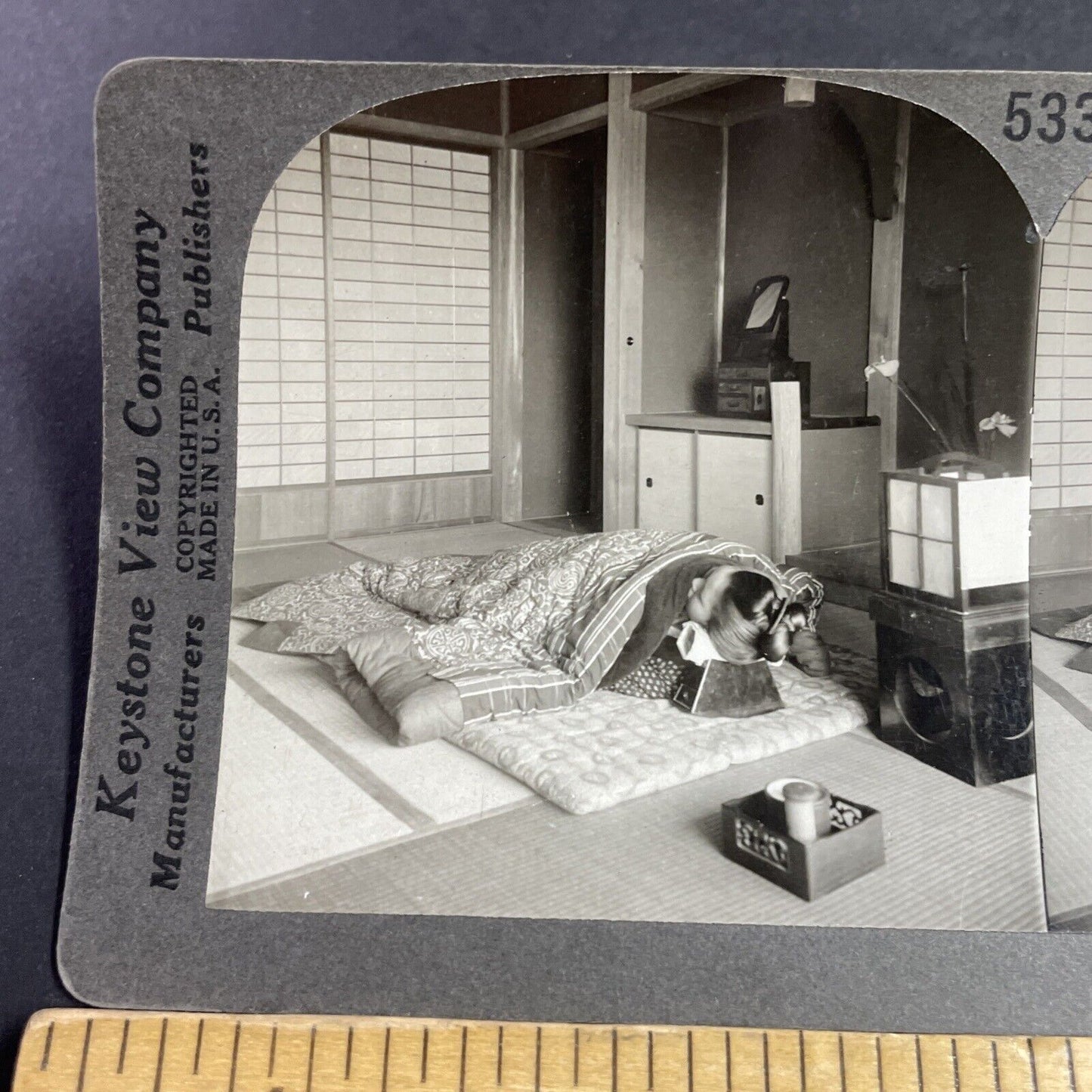 Antique 1910s Traditional Geisha Bed & Pillow Japan Stereoview Photo Card P3623