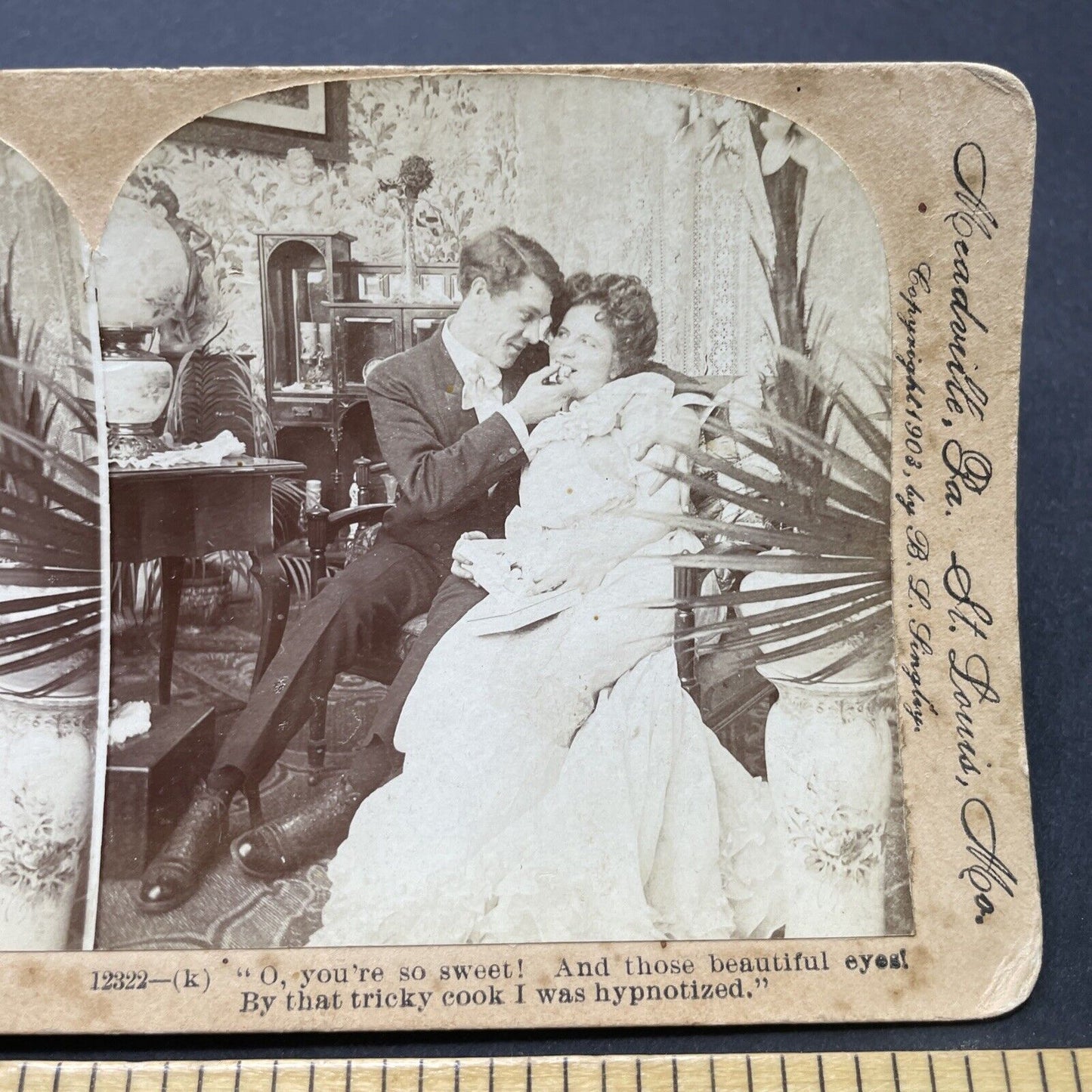 Antique 1903 Man Seduces Wife In Parlor Stereoview Photo Card P2599