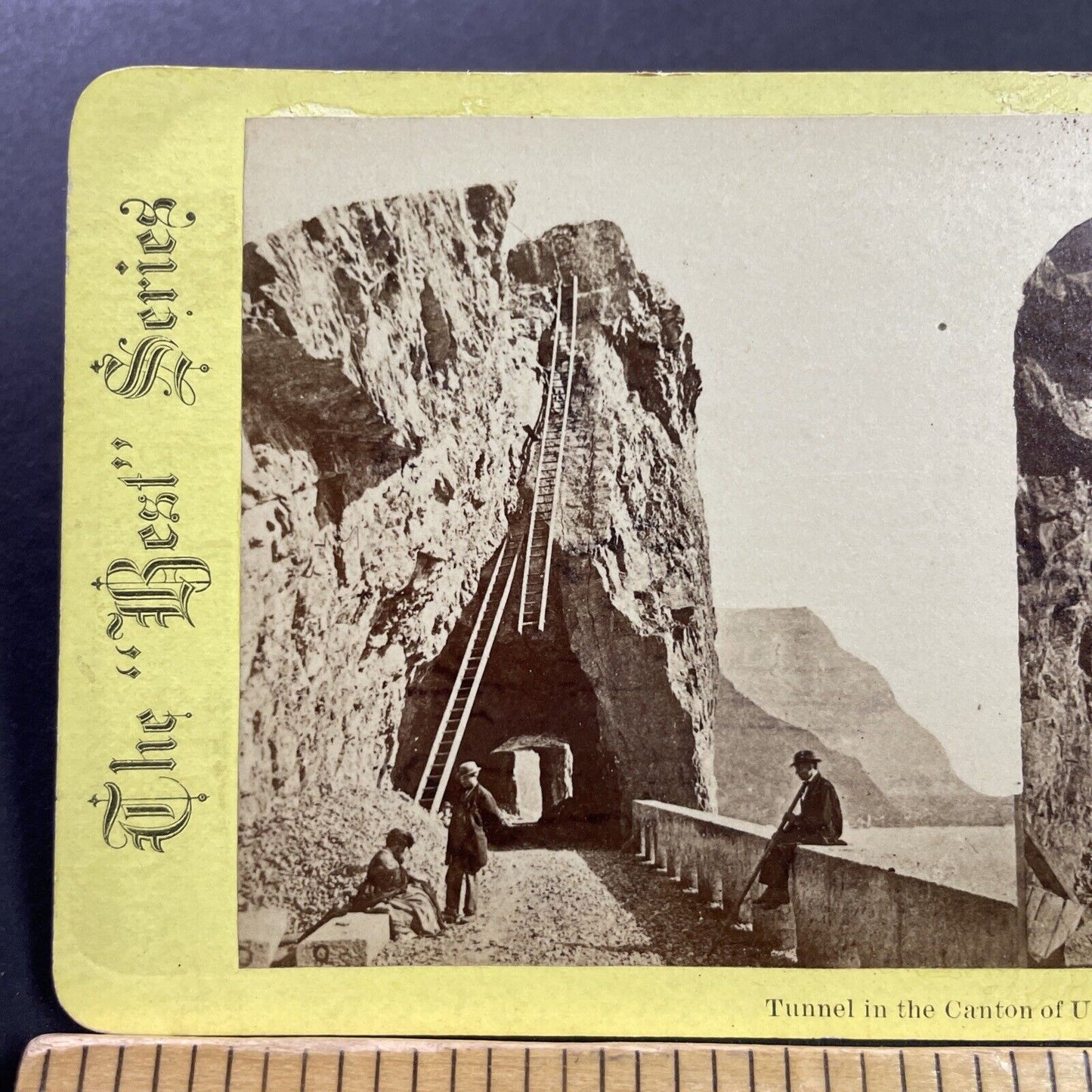 Antique 1870s Men Construct A Ladder Up A Mountain Stereoview Photo Card P4032