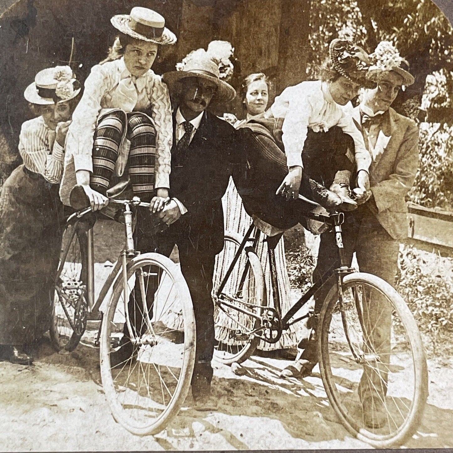 Women Stunt Driving On A Lansing Cycle Co Bicycle Stereoview Antique c1905 X1898