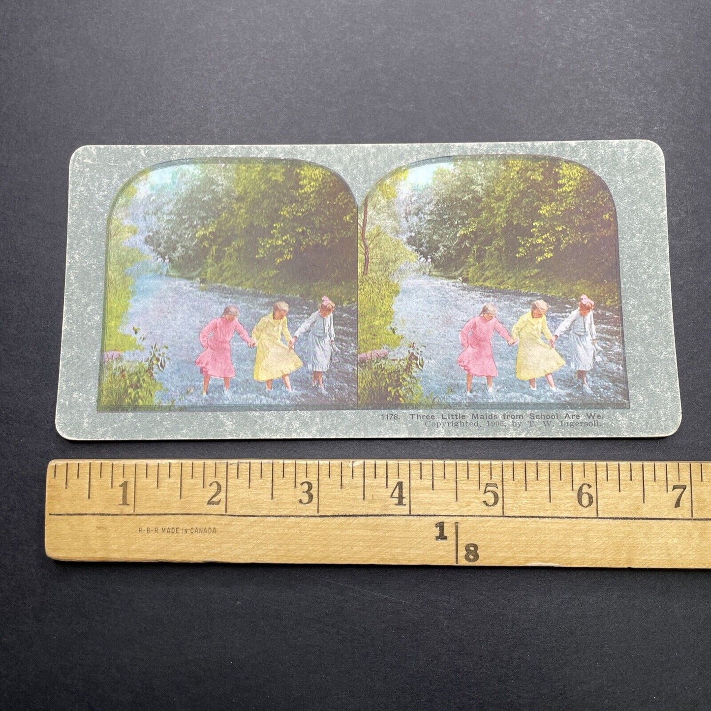 Antique 1905 Three Young Women Crossing River Stereoview Photo Card P580-004