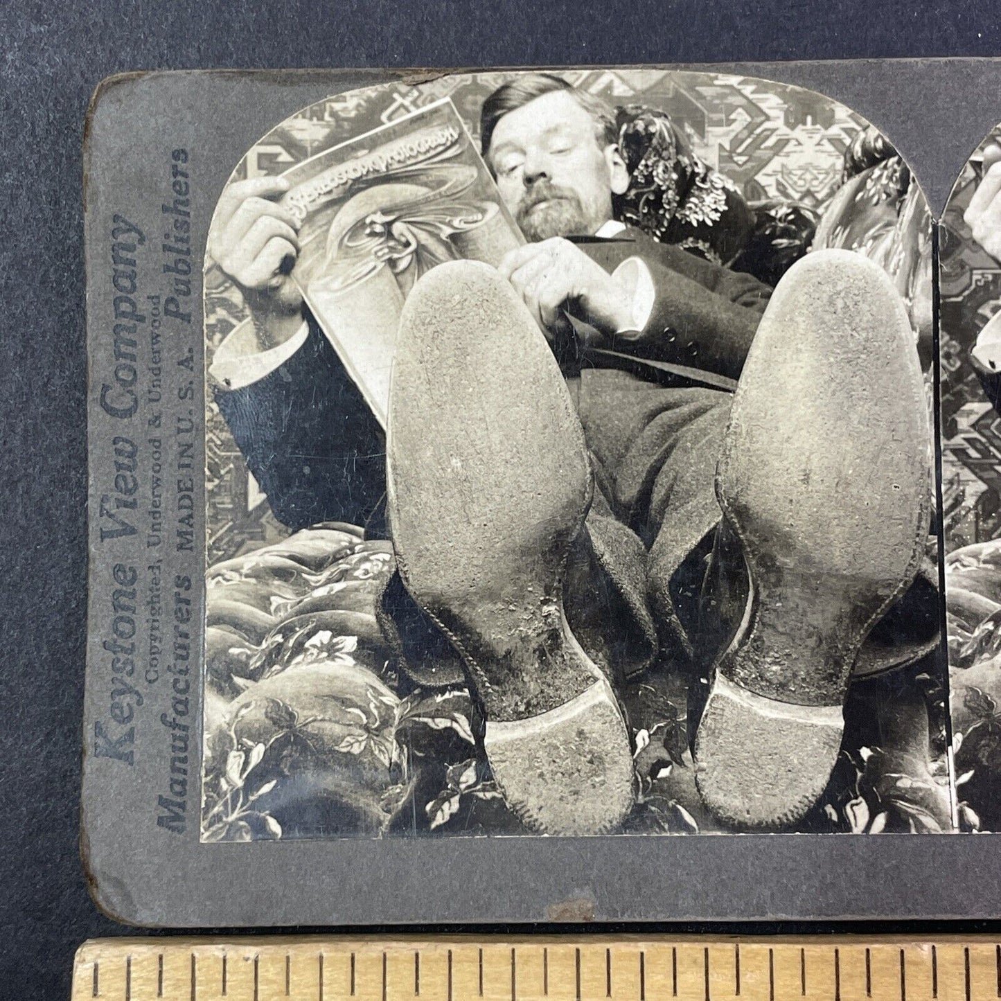 Man Reading A Magazine On Stereoscopy Stereoview Antique c1909 X2766