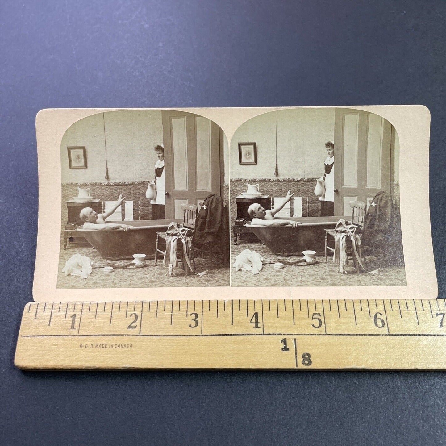 Antique 1880s Maid Barges In On Naked Man In Tub Stereoview Photo Card P3994