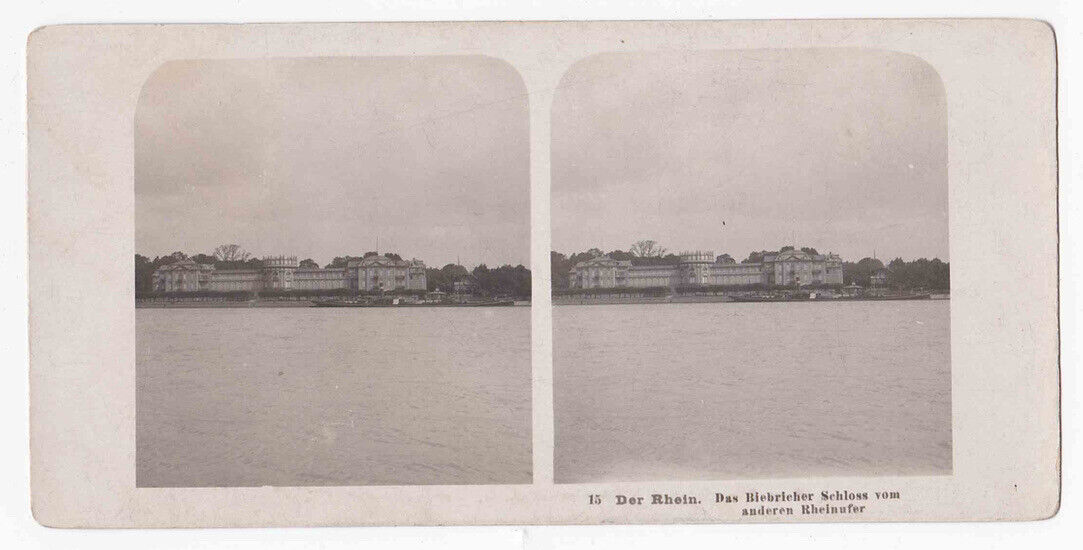 Antique 1903 Das Biebricher Schloss Von Auderen Rheinufer Stereo Card P333