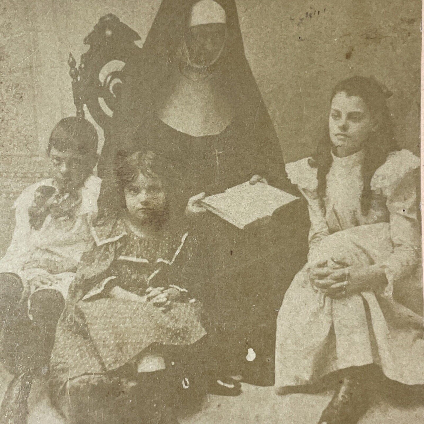 Nun Reads To Orphans In Convent Orphanage Stereoview Antique c1878 X1260