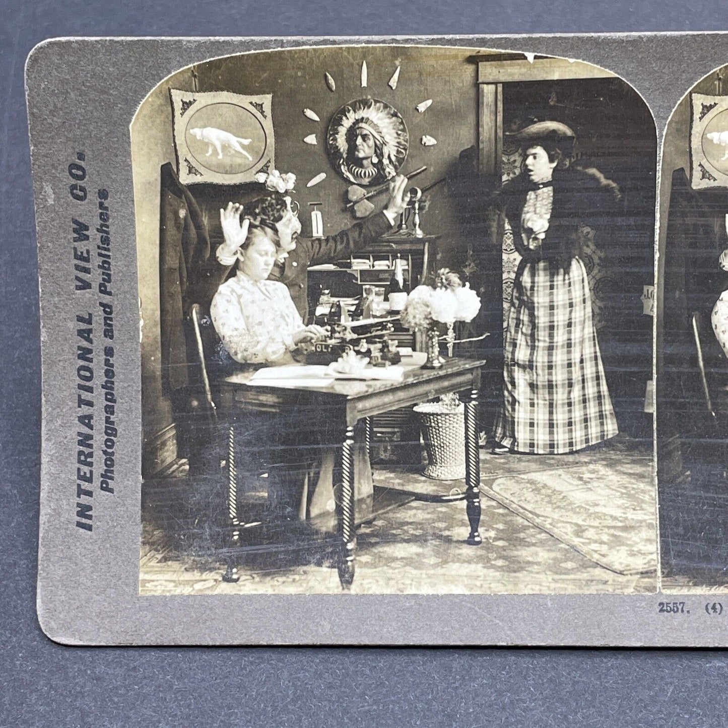 Antique 1903 Man Gets Caught Flirting With Secretary Stereoview Photo Card P1808