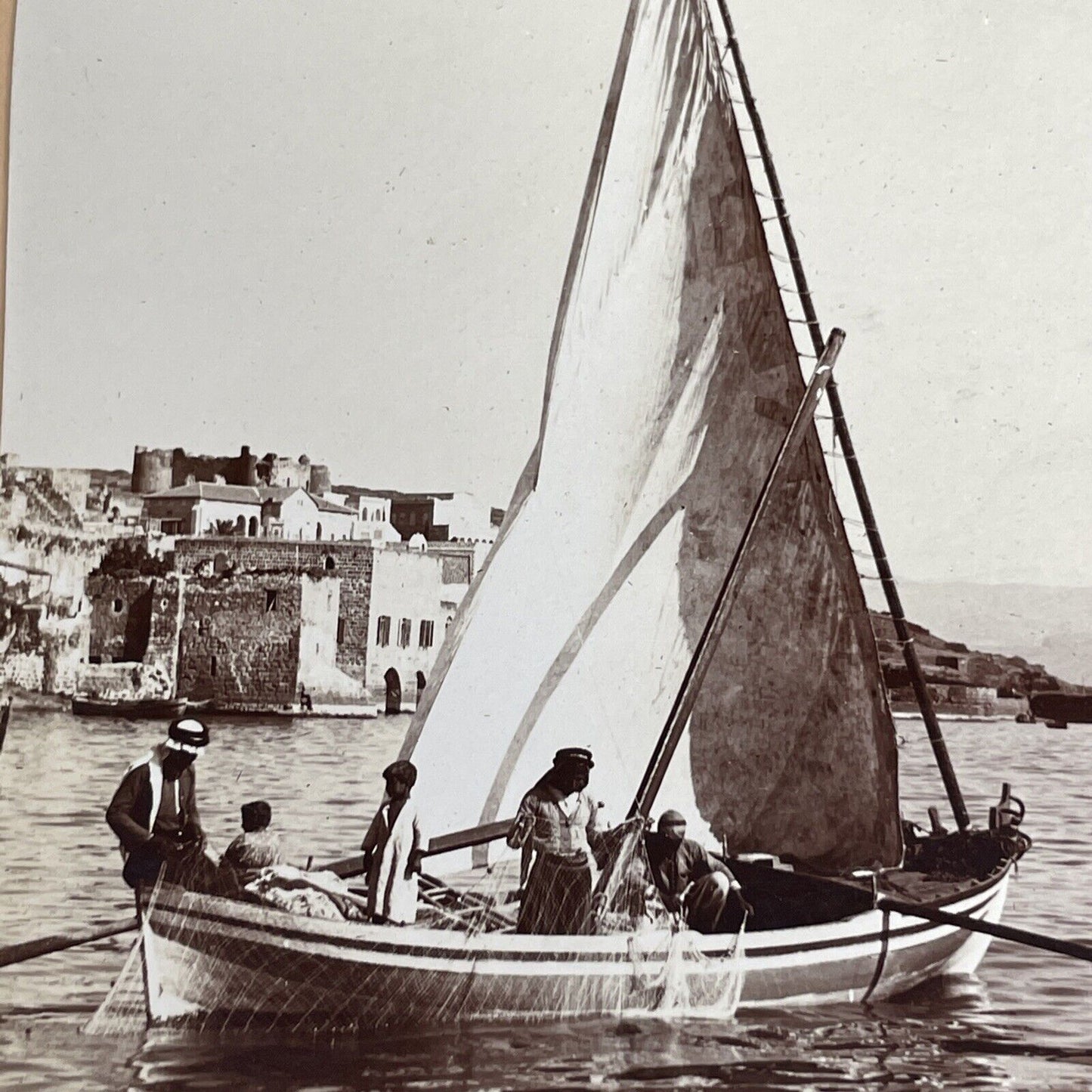 Antique 1900 Palestinian Fisherman Sea Of Galilee Stereoview Photo Card P948