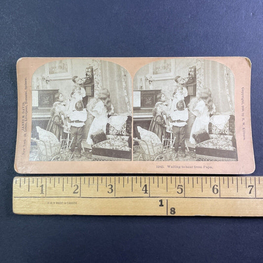 Children Inspect a New Telephone Stereoview James M. Davis Antique c1899 Y138