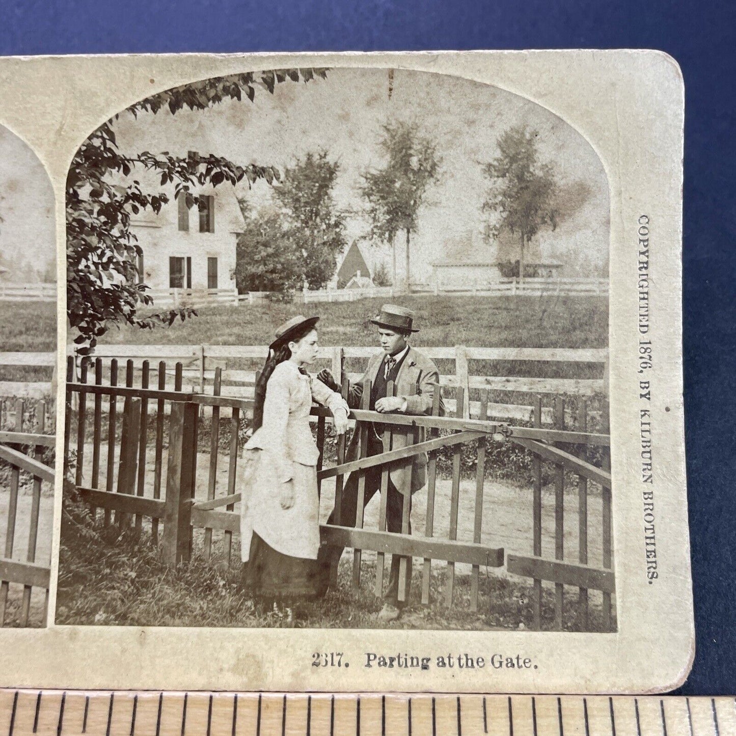 Antique 1876 Teenagers Talk Near Fence New Hampshire Stereoview Photo Card P3534