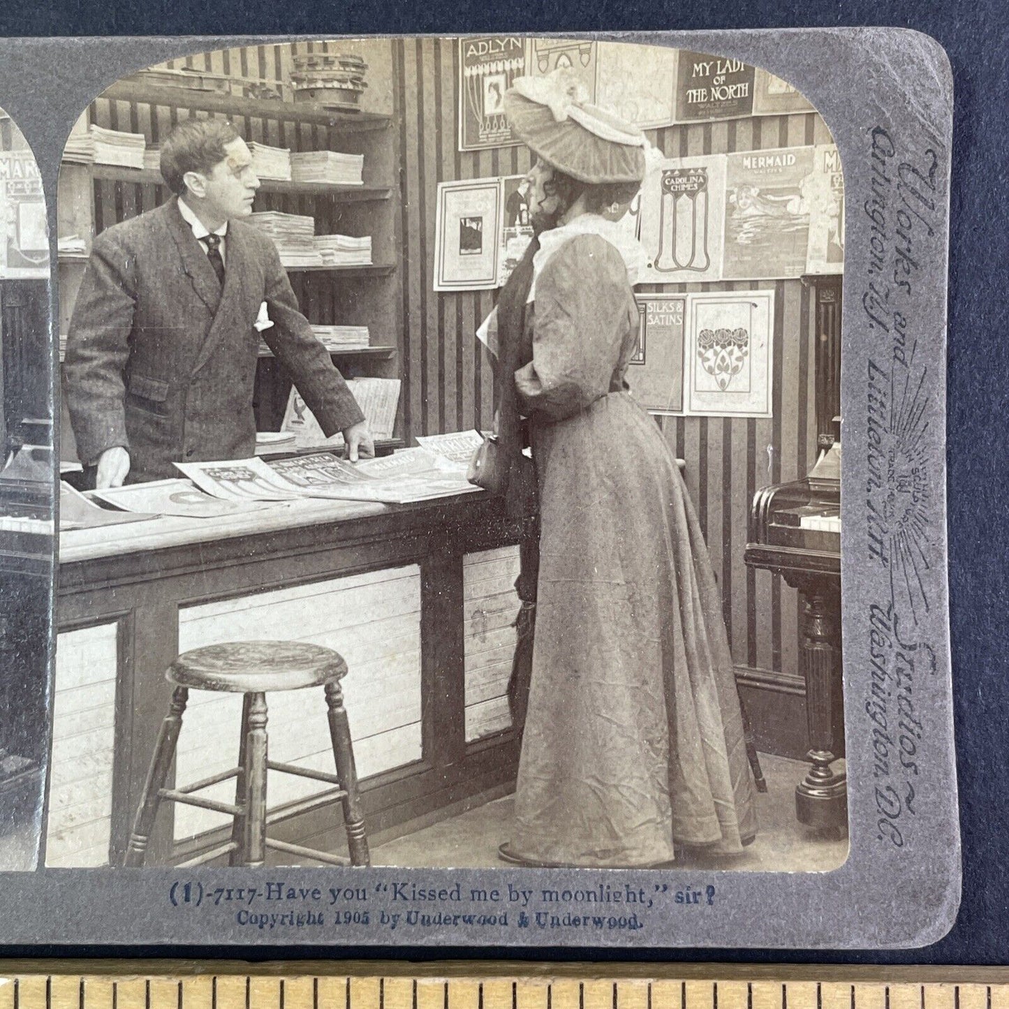 Woman in a Magazine Shop Store Stereoview Newspaper Stand Antique c1905 Y2500