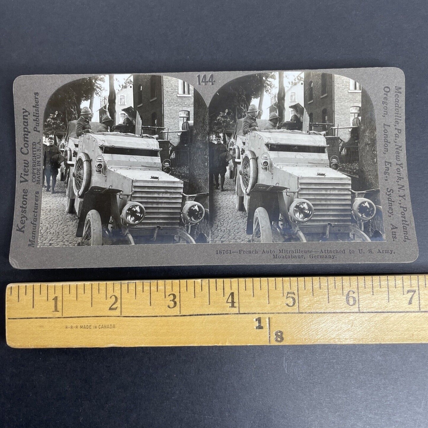 Antique 1918 WW1 French Soldiers In US Armored Car Stereoview Photo Card P998