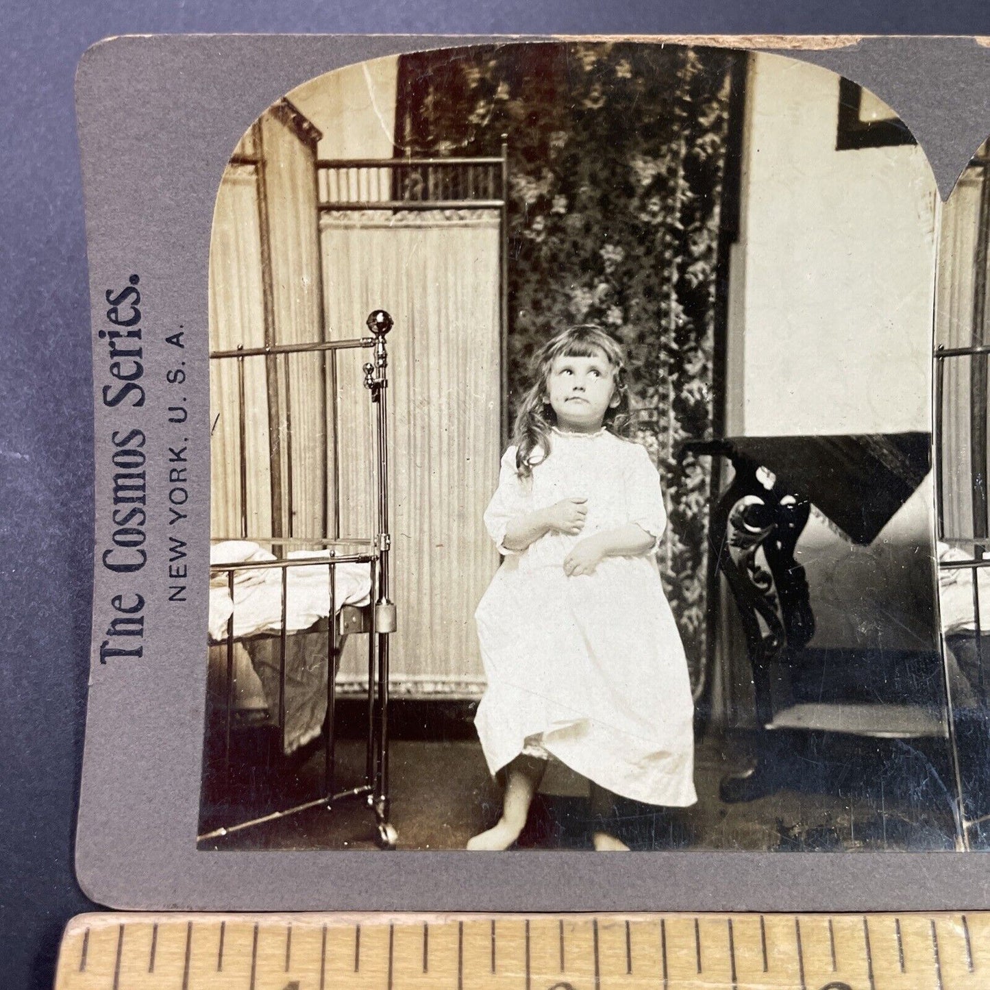 Antique 1890s Victorian Child Prepares For Bedtime Stereoview Photo Card P3438