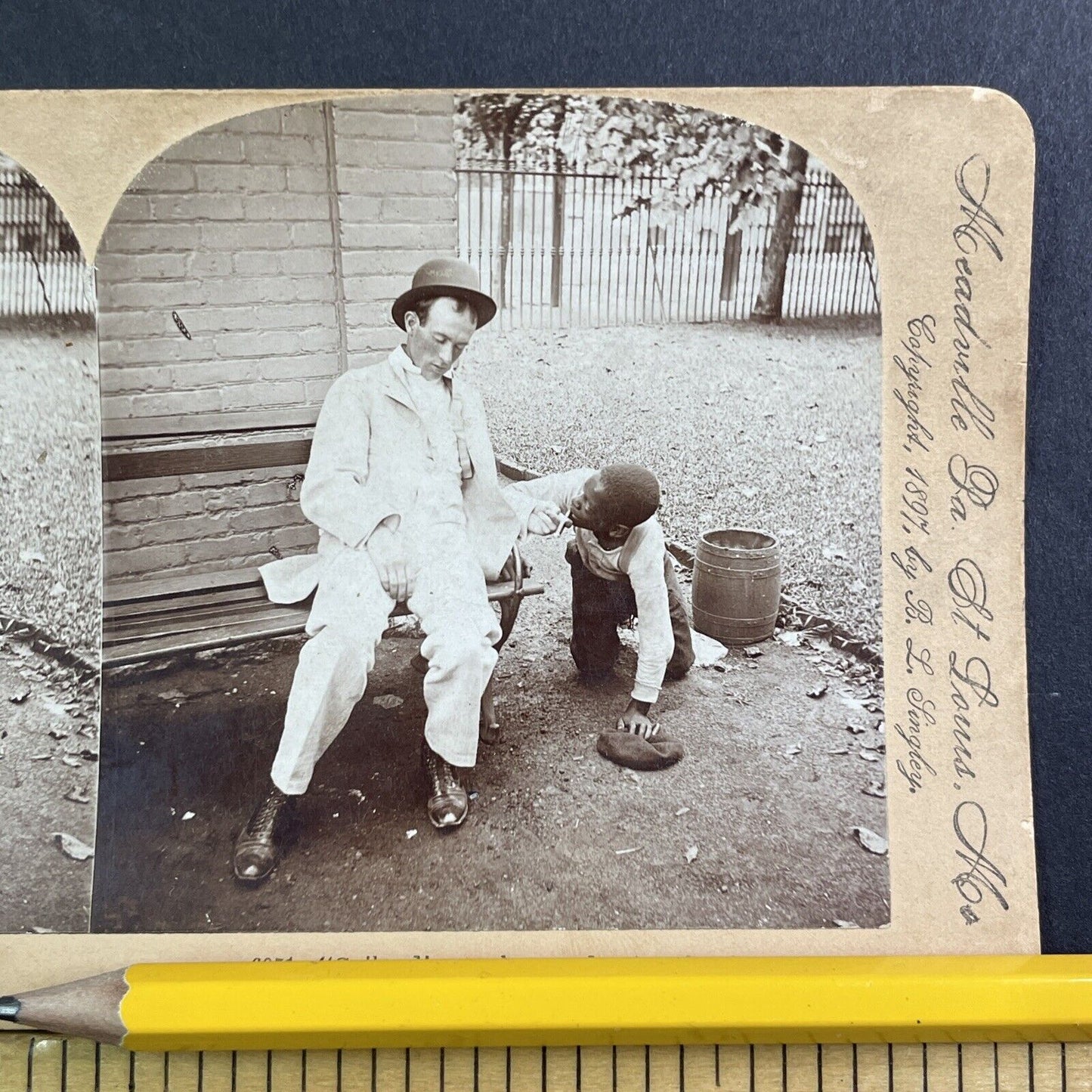 Man Steals Drunk Man's Cigarette Stereoview Humour Comedy Antique c1897 X1655